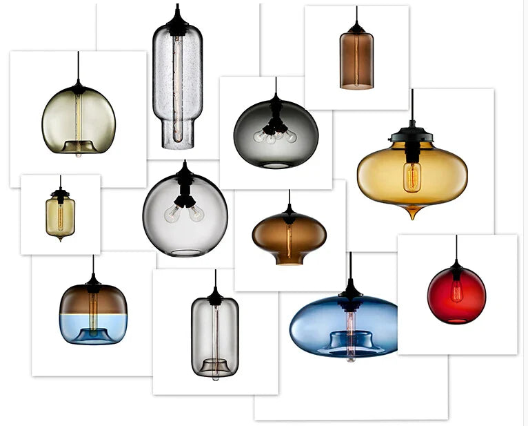 A collection of modern pendant lights with multicolored textured glass for bedroom dining room and loft decor