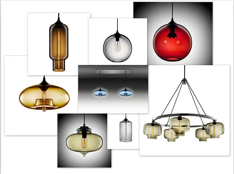 Modern pendant lights featuring a red glass pendant light with sleek black metal fixture and exposed bulbs for dining rooms