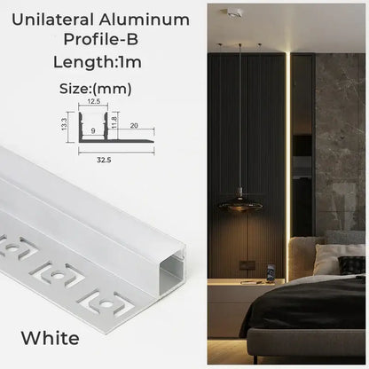 White unilateral aluminum profile b channel 1 meter long with precise dimensions for modern perforated led aluminum profile living room light track
