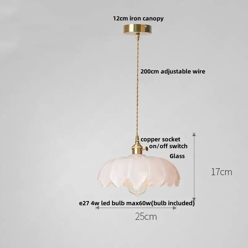 Delicate translucent pink glass led pendant lamp with fluted petal design and brass hardware for dining room lighting