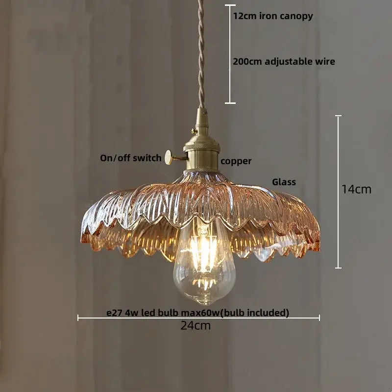 Modern petal amber glass led pendant lamp with copper fixture and scalloped amber glass shade for dining room lighting