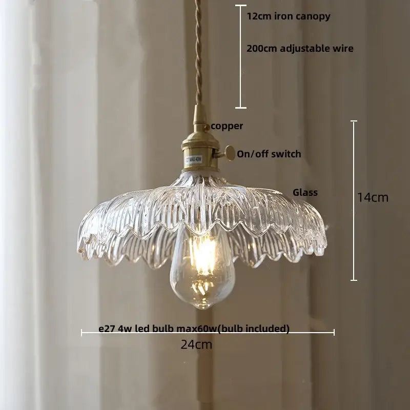 Clear scalloped glass led pendant lamp with amber glass led and brass finished copper fixture for dining room use