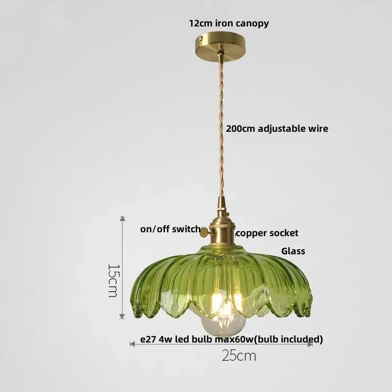 Modern petal green glass led pendant lamp with brass canopy and copper socket for dining room lighting