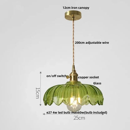 Modern petal green glass led pendant lamp with brass canopy and copper socket for dining room lighting