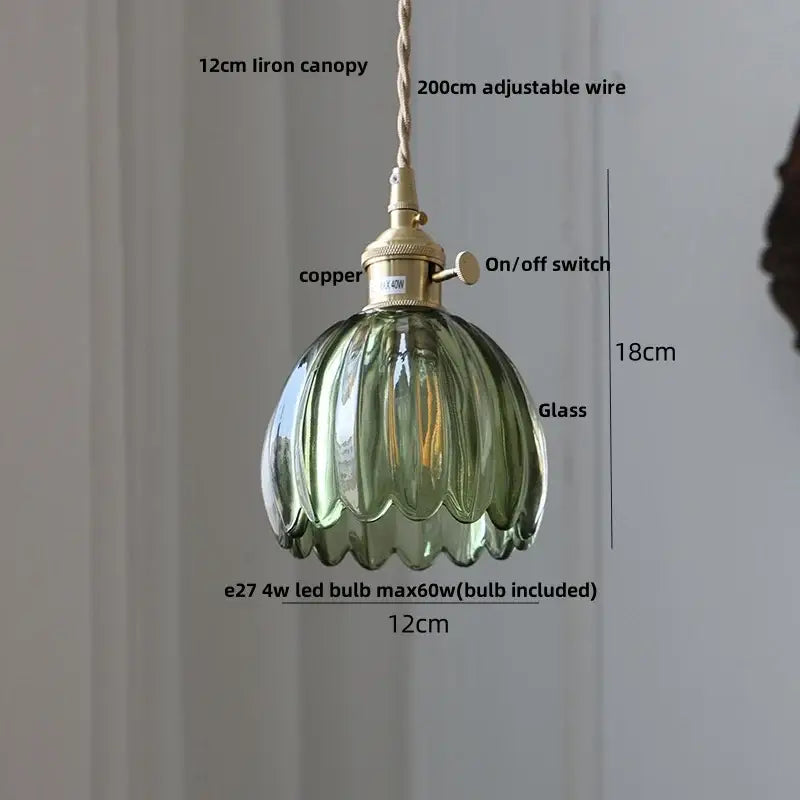 Modern petal amber glass led pendant lamp with green ribbed glass and brass cable for dining room lighting