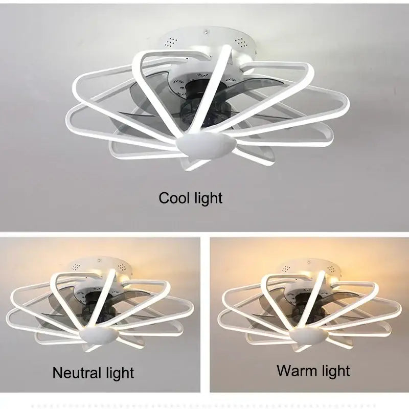 Modern petal black and white bladeless ceiling fan with white led light and three lighting modes for bedroom decorbites ceiling fan