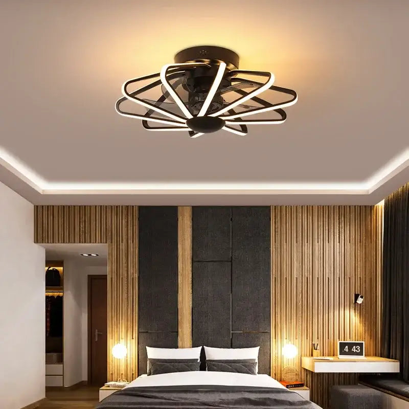 Modern black and white decorbites bladeless ceiling fan with sleek petal design for bedroom decor and lighting