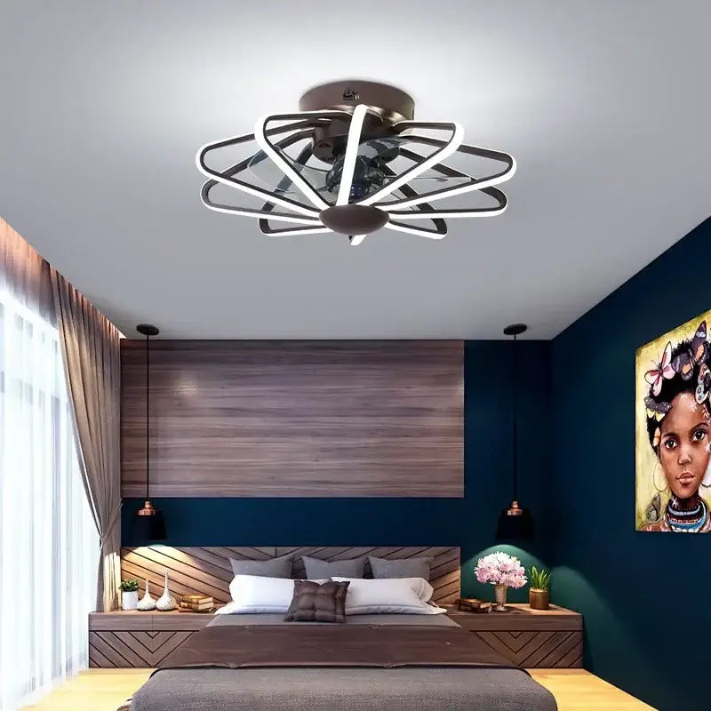 Modern petal black and white bladeless ceiling fan with sleek black metal frame and integrated led lighting for bedroom decorbites ceiling fan