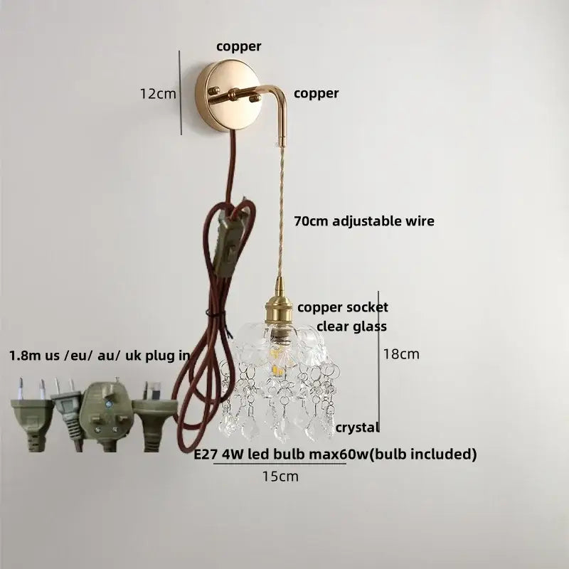Modern petal clear glass led wall light with copper finish brass sconce and dangling crystal droplets by decorbites