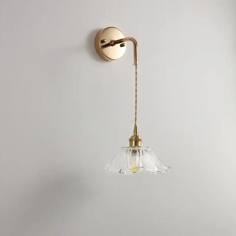 Modern petal clear glass led wall light with brass sconce and decorbites clear glass fluted shade for bedroom use