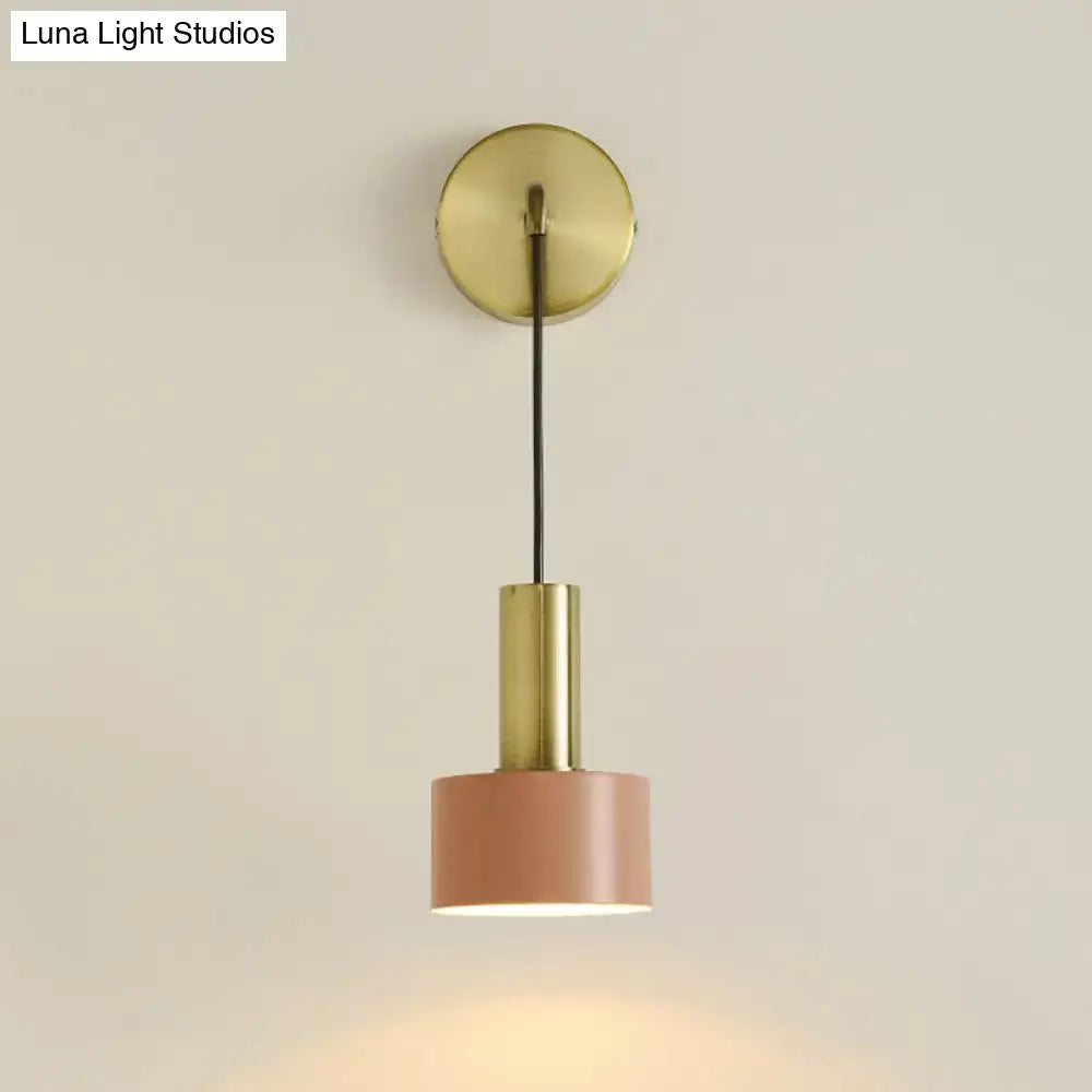 Modern pink and brass bedside reading pendant light with brushed brass mount black cord and pink matte shade e14 e26 e27