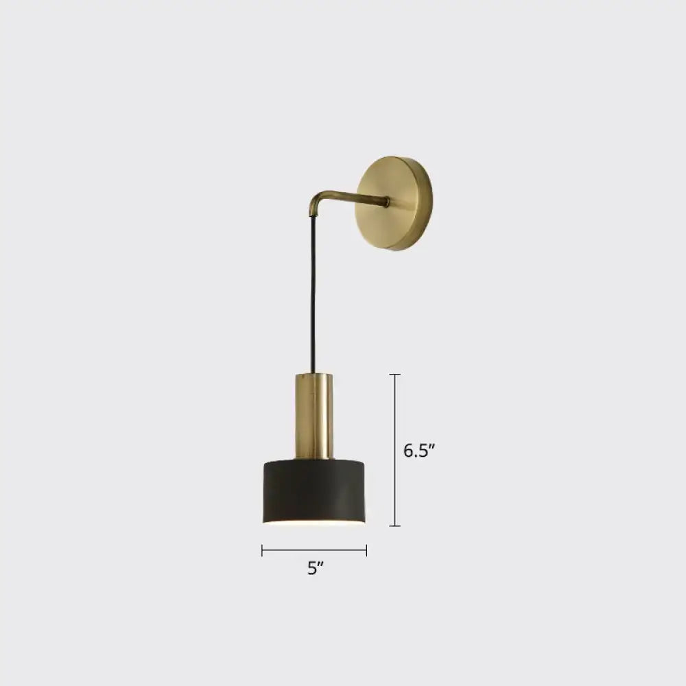 Brass-finished modern bedside reading wall sconce with black cylindrical shade e14 e26 e27 compatible