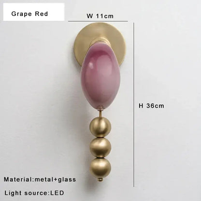 Modern pink and brass curve glass wall lamp with grape red glass pendant and brass curve glass accents for bedroom decorbites brass curve