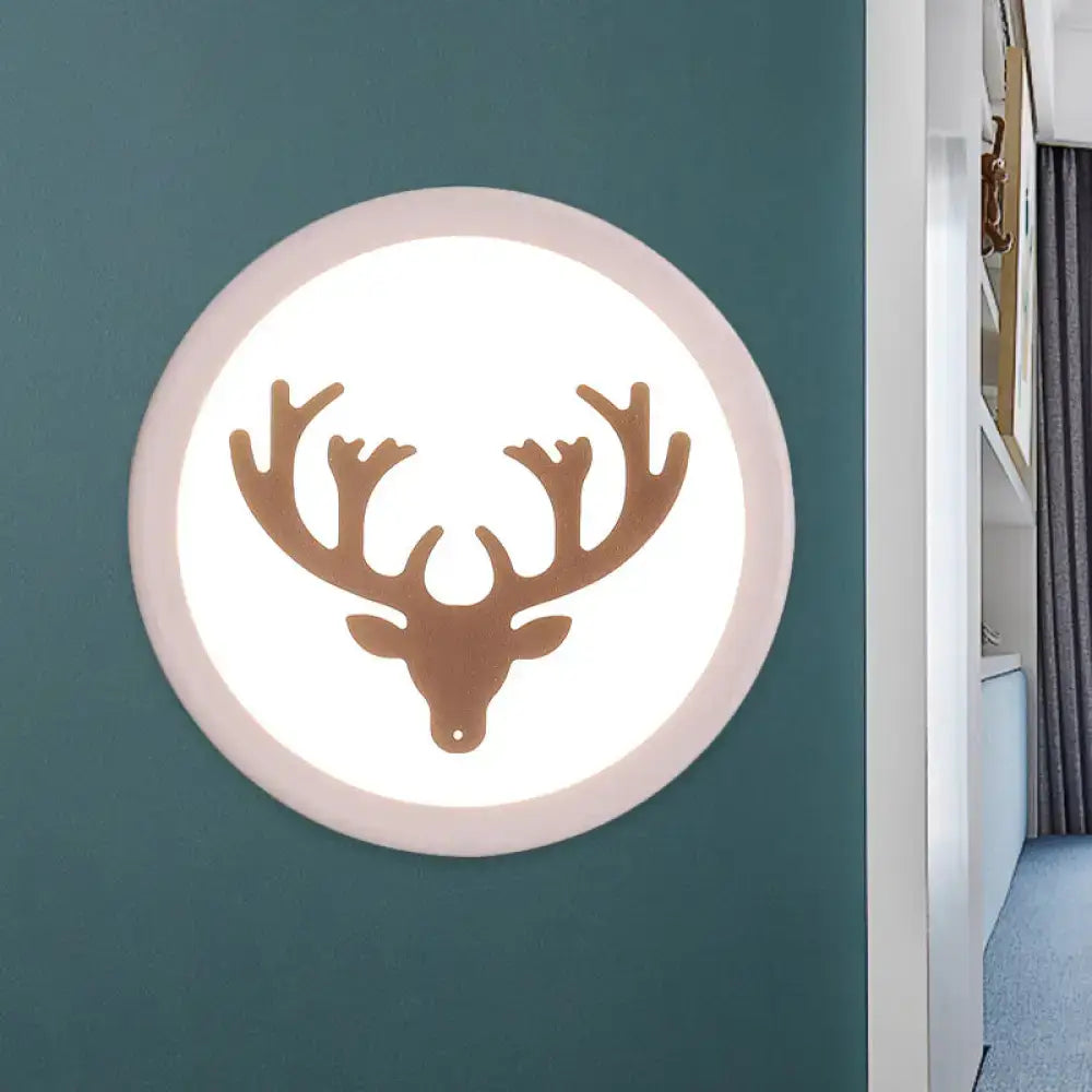 Modern pink and white bedside light 12 inch fixture with soft white glow and brown deer head silhouette design