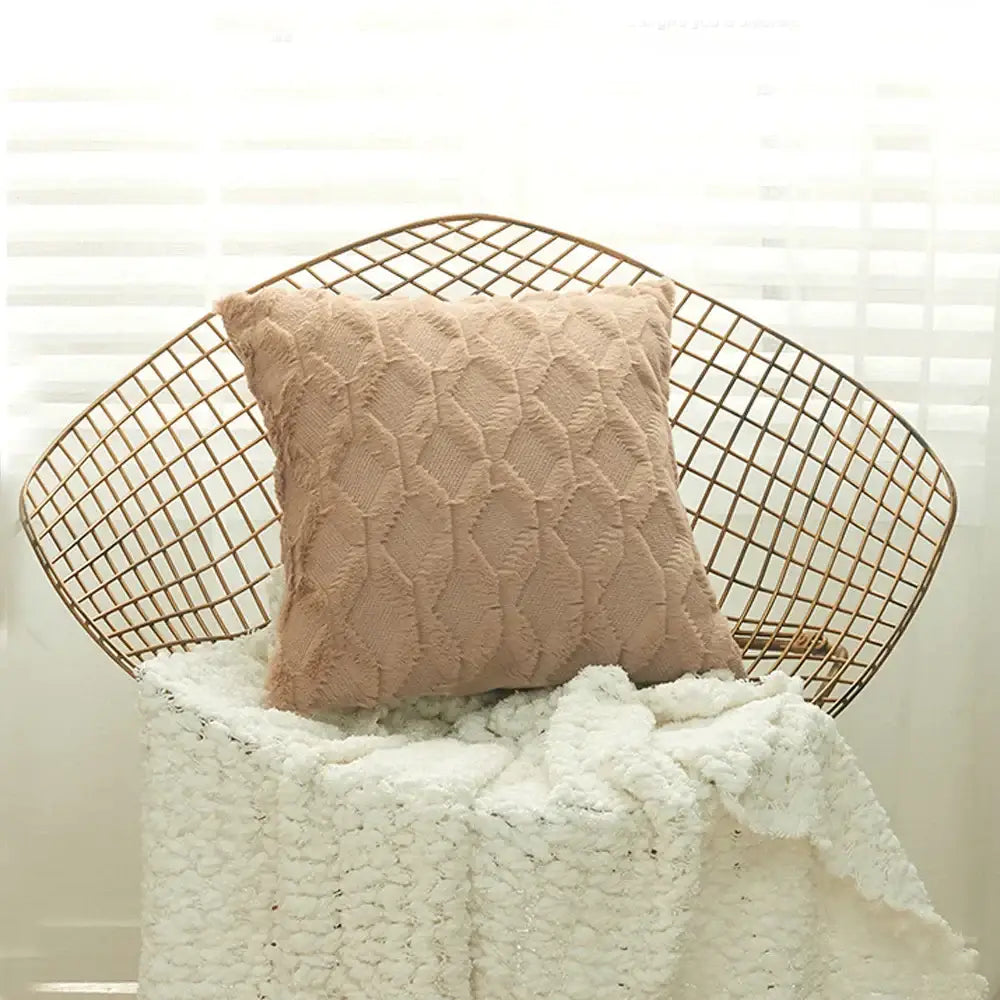 Beige textured knit cushion cover with a diamond embroidery pattern for modern living room decor