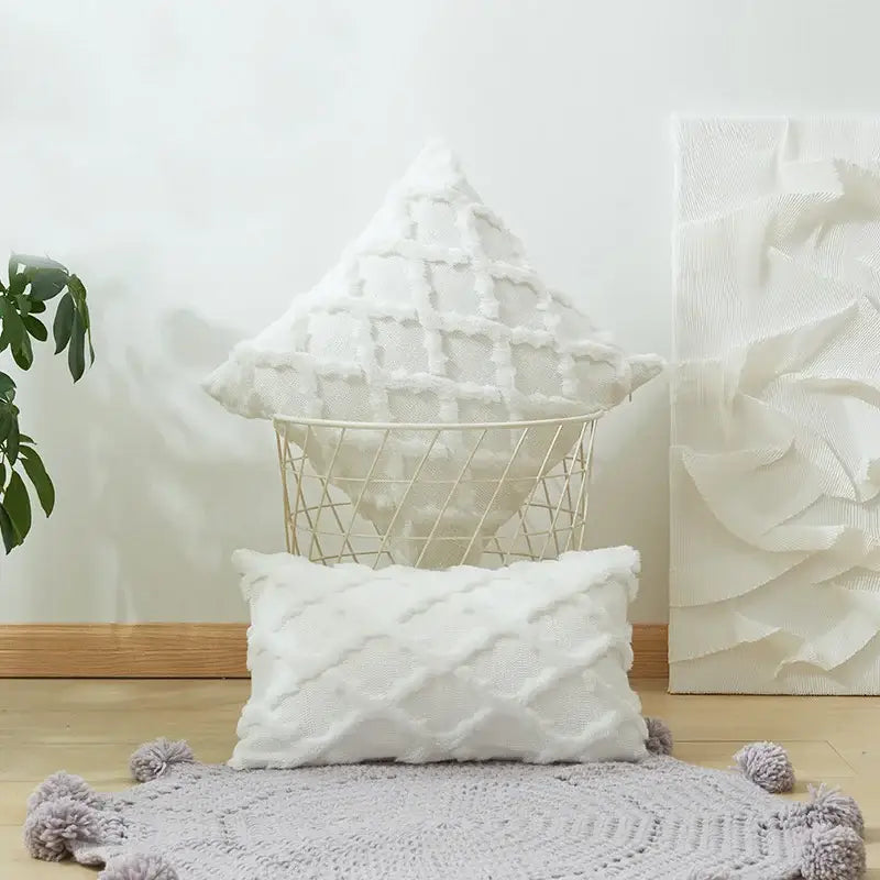 White textured throw pillows with woven pattern and plush finish for modern pink beige diamond embroidery cushion cover