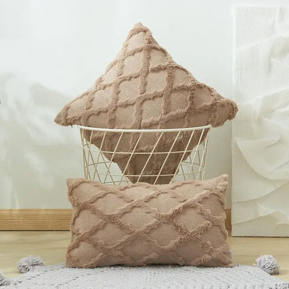 Beige textured throw pillows with diamond embroidery cushion cover and fringed edges for modern living room decor
