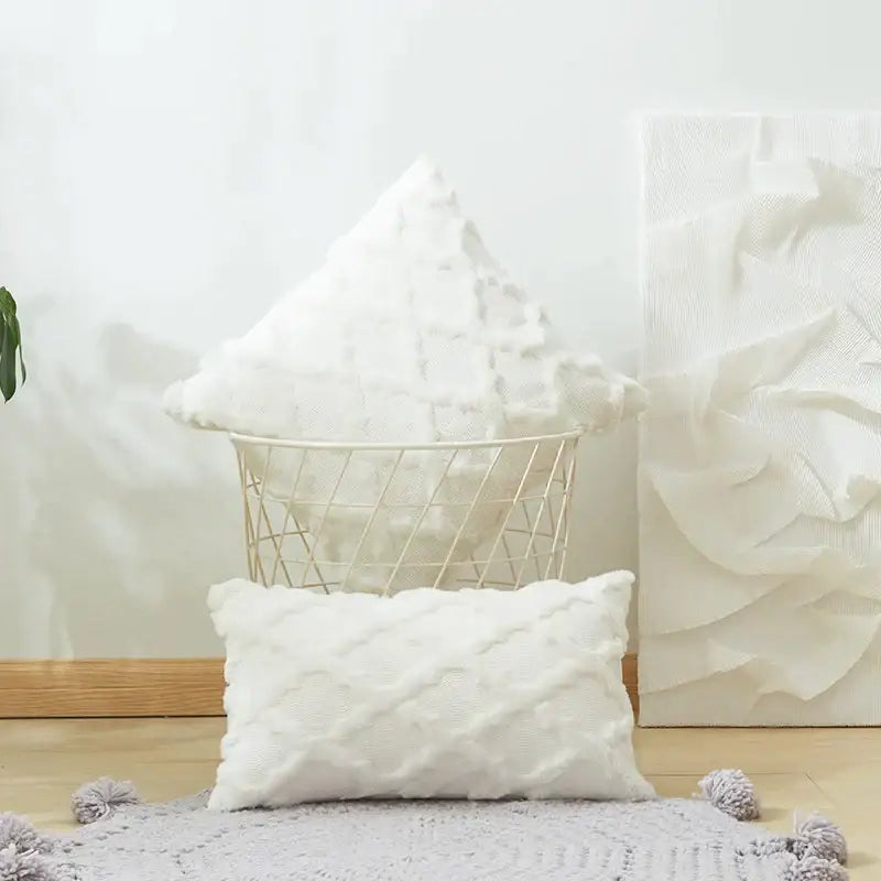 White textured throw pillow with fluffy cloud-like top and ribbed knit sides as modern embroidery cushion cover