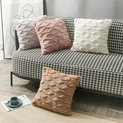 Soft textured modern pink and beige diamond embroidery cushion cover perfect for living room decor