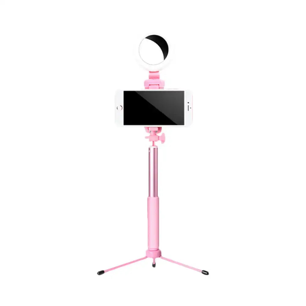 Modern pink circle led mirror selfie stick tripod with built-in ring light holding white smartphone for bedroom light 220v-240v 110v-120v