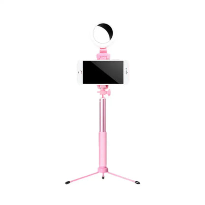 Modern pink circle led mirror selfie stick tripod with built-in ring light holding white smartphone for bedroom light 220v-240v 110v-120v