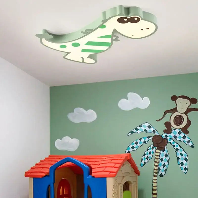 Modern pink dinosaur animal kids ceiling lamp featuring a light green decorbites dinosaur animal design with striped patterns