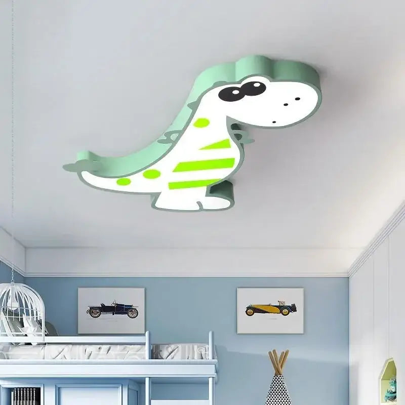 A mint-green and white decorbites dinosaur animal kids ceiling lamp with lime green stripes and polka dots for bedroom lighting