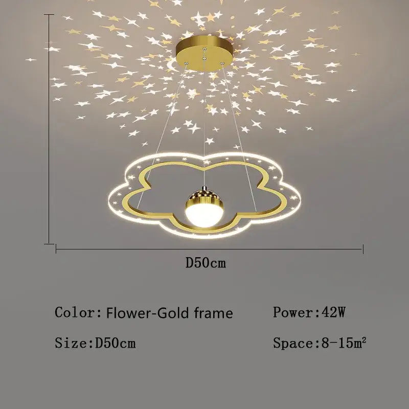 Gold cloud flower led chandelier with glowing led frame and star projection effect for bedroom decorbites cloud flower