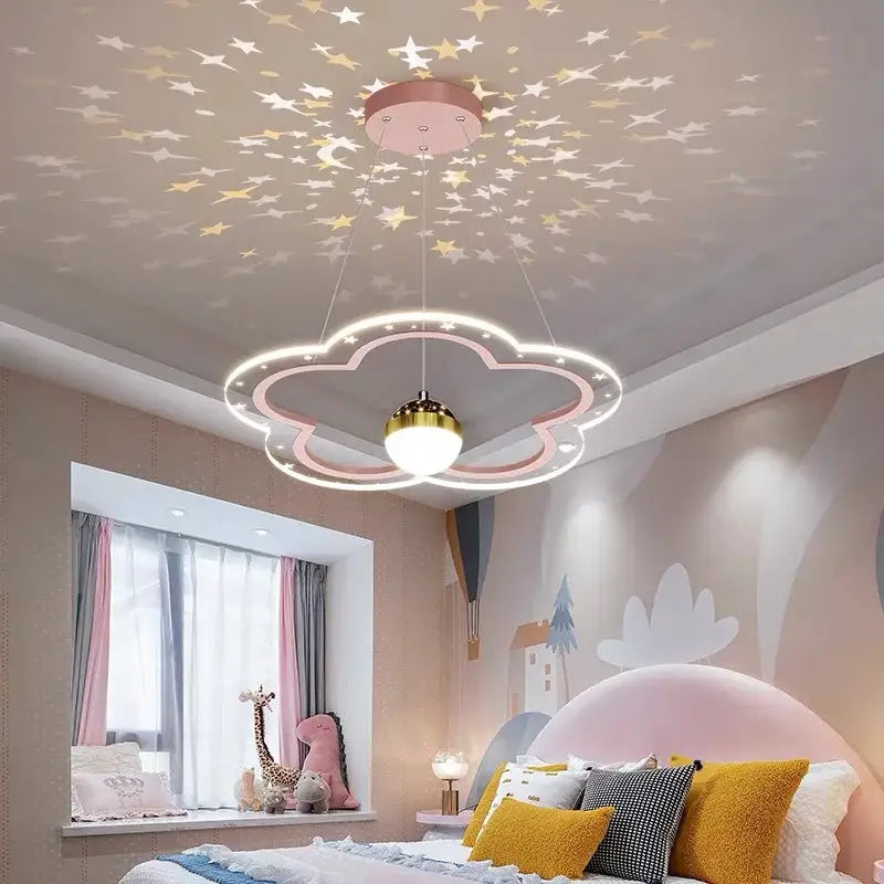 Modern pink and gold cloud flower led chandelier with glowing led ring and star projection for bedroom decorbites cloud flower