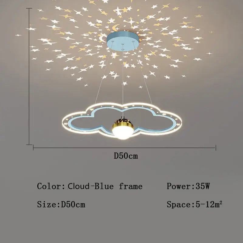 Modern pink and gold cloud flower led chandelier with blue frame and starry light projection for bedroom decorbites cloud flower