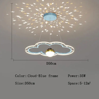 Modern pink and gold cloud flower led chandelier with blue frame and starry light projection for bedroom decorbites cloud flower