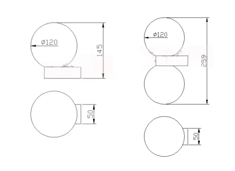 Technical drawing of modern pink and orange decorbites glass ball led wall lamp showing dimensions and mounting details