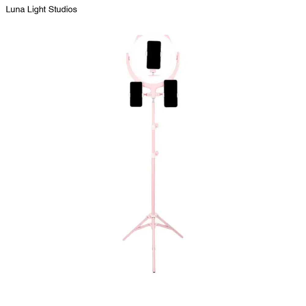 Pink ring light stand with three phone holders for bedroom use compatible with 110v-120v and 220v-240v power supplies