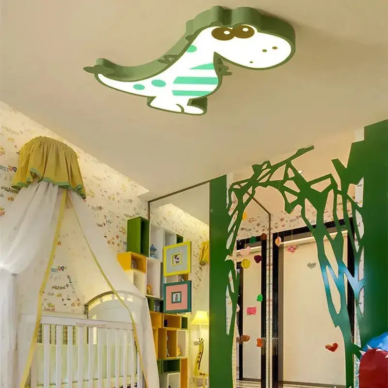 Modern pink and white dino led ceiling lamp featuring a green and white dinosaur-shaped striped pattern ceiling lamp decorbites dino led