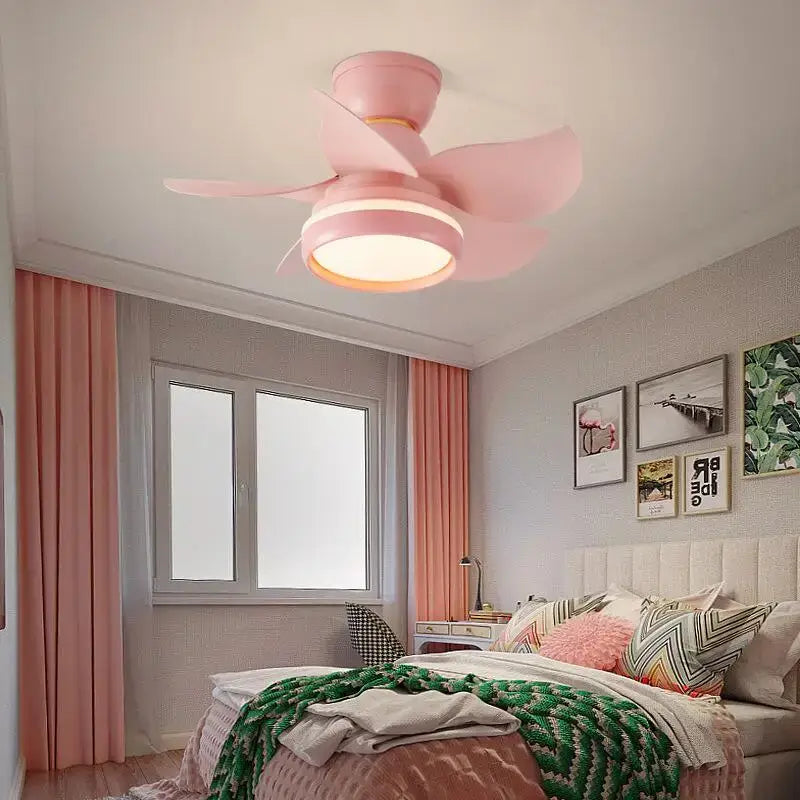 Modern pink and white kids ceiling fan with three blades and circular light fixture with remote control for bedroom use