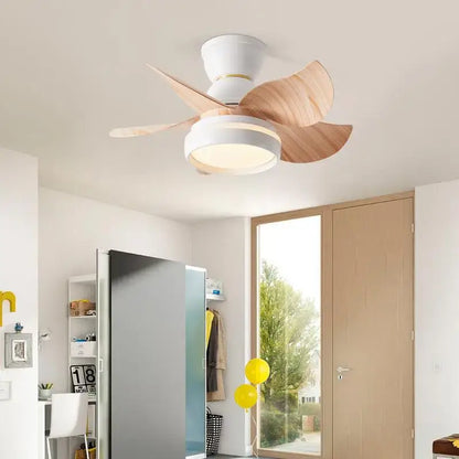 Modern pink and white kids ceiling fan with three light wood blades integrated led lighting and remote control
