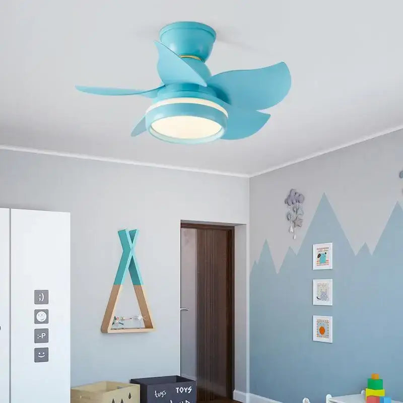 Light blue ceiling fan with integrated led lighting and curved blades for modern pink and white kids bedroom with remote control