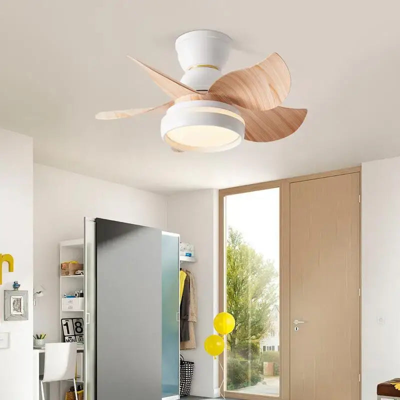 Modern pink and white kids ceiling fan with three light wood blades and remote control for bedroom use