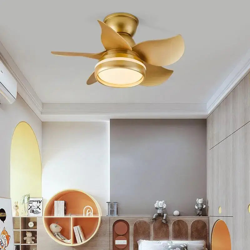 Gold-toned modern ceiling fan with sleek blades and integrated lighting for kids bedroom with remote control