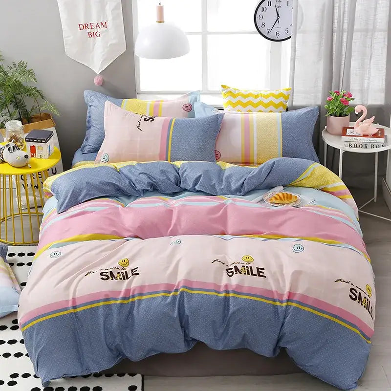Pastel-colored striped duvet set with smile text and smiley face prints in modern plaid decorbites cartoon printed bedding sets