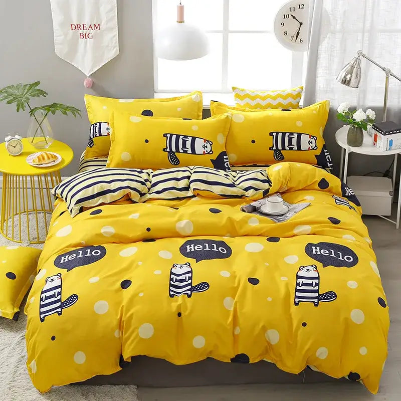 Bright yellow modern plaid cartoon printed bedding set with black and white striped beavers and hello speech bubbles polka dots