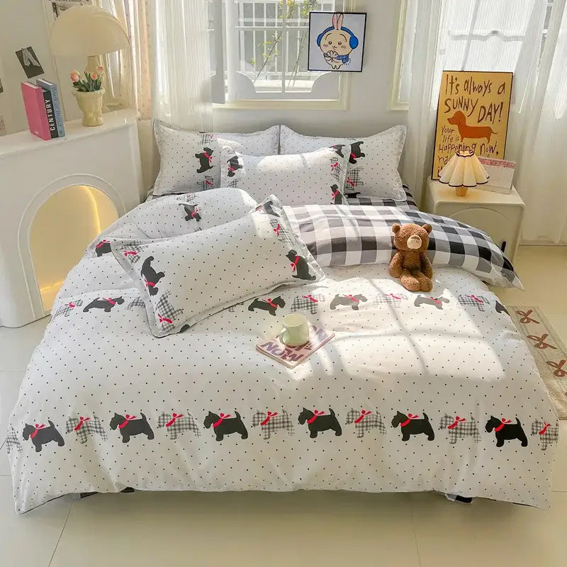 White duvet set with black Scottish terrier illustrations and checkered border in decorbites cartoon printed bedding sets