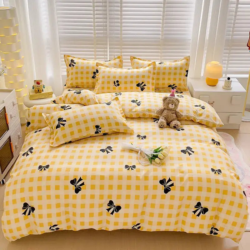 Yellow and black checkered bedding set with bow print featuring decorbites cartoon printed design for bedroom quilt cover kit