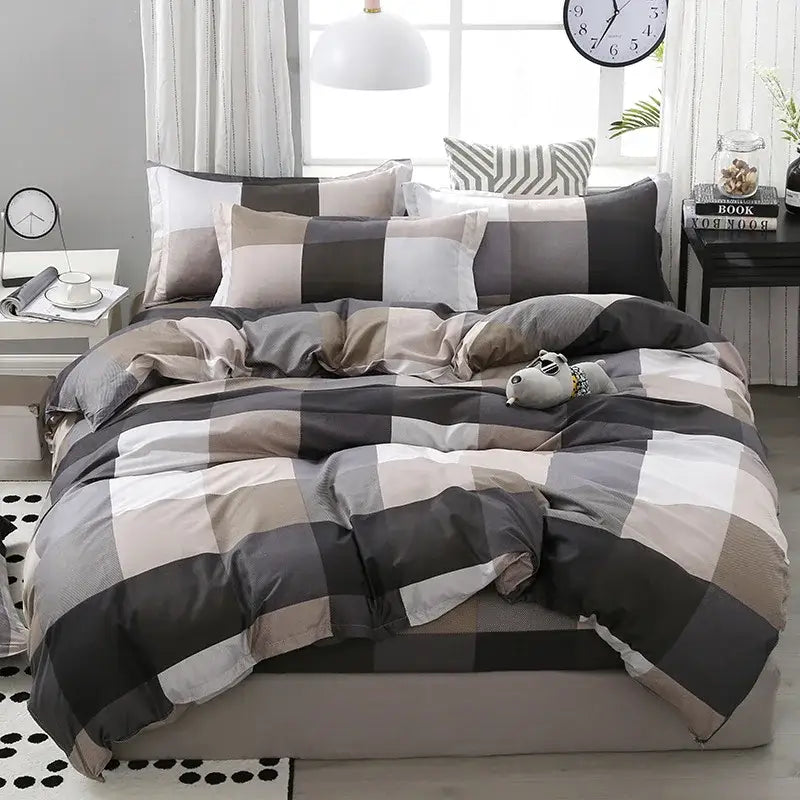 Plush gray and beige checkered duvet set with matching pillows in decorbites cartoon printed bedding sets for bedroom