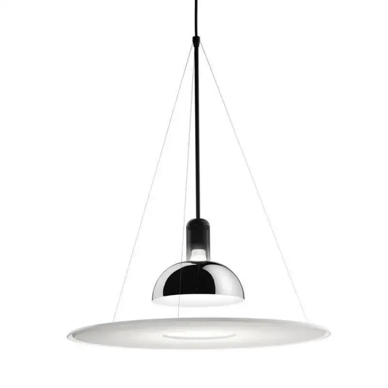 Modern polished brass and white flying saucer chandelier with sleek chrome dome and wide flat diffuser for bedroom decorbites flying saucer