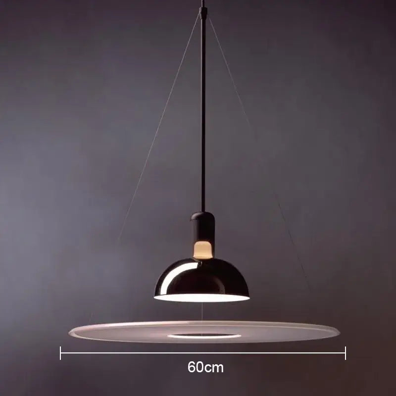 Modern polished brass and white flying saucer chandelier with black dome pendant light and 60cm diameter base decorbites flying saucer