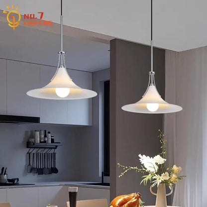 Two modern pendant lights with polished chrome frames and white glass shades for decorbites french medieval led kitchen lighting