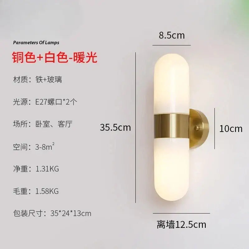 Modern polished chrome vanity mirror light with copper and white warm-light wall sconce and glass diffuser