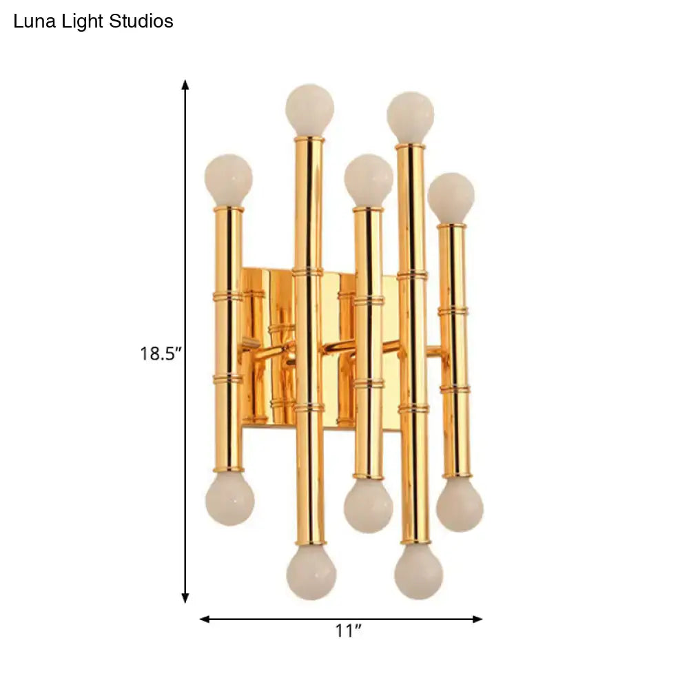 Modern polished gold metal tubes bamboo wall sconce with five frosted glass globe shades for hallway lighting