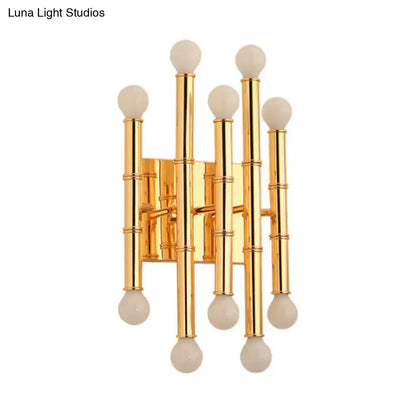 Modern polished gold metal tubes bamboo wall sconce with six frosted glass globes for hallway lighting